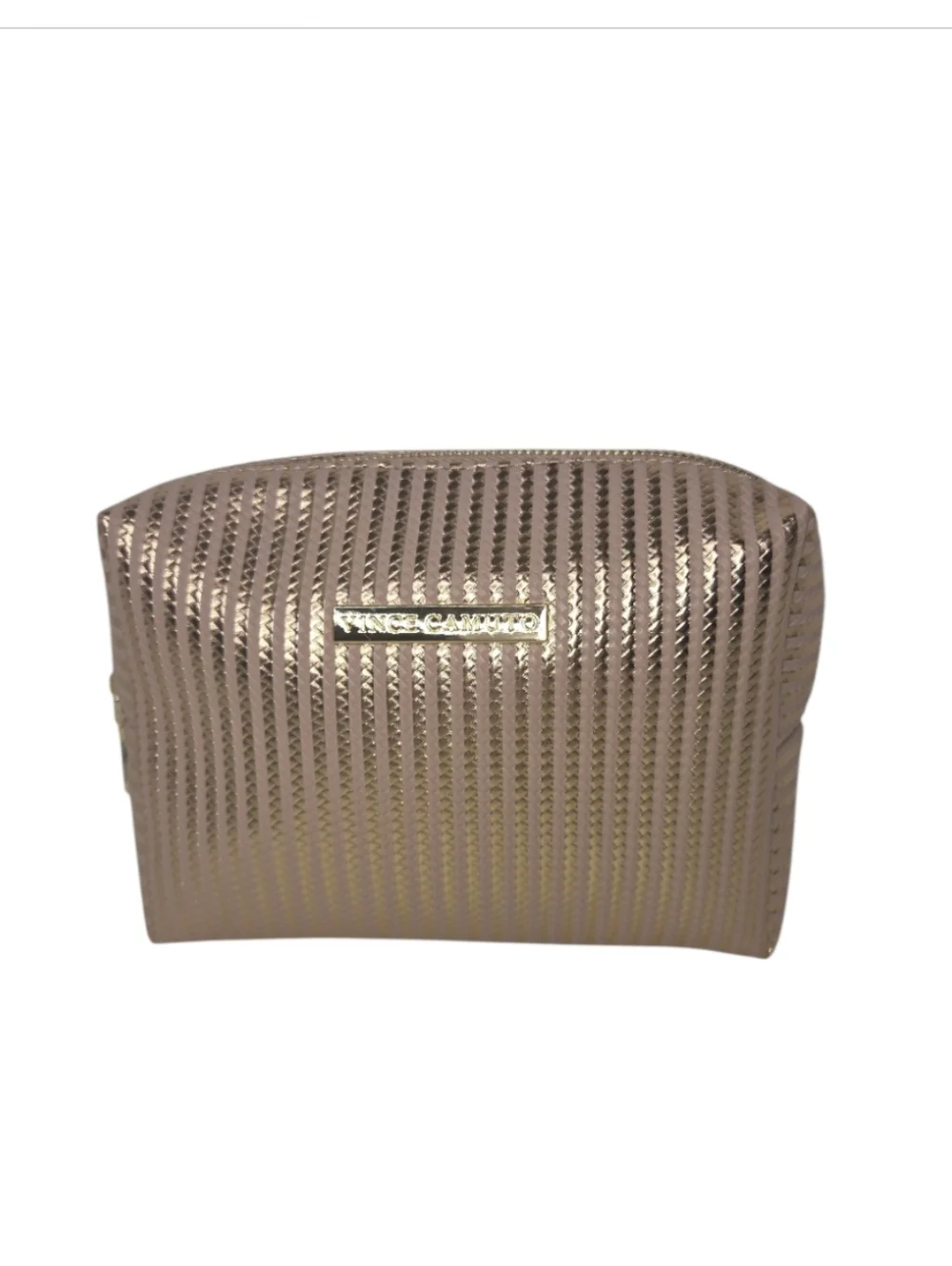 Vince Camuto Pink Blush Metallic Gold Stripe Cosmetic Bag NWOT